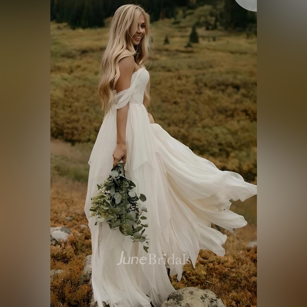 Country Boho Sweetheart Off-the-shoulder Ethereal Chiffon Floor Length dress